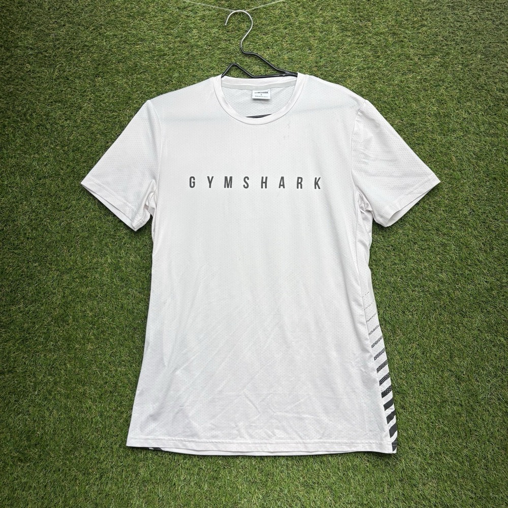 Gymshark Logo Gym Workout Shirt Mens Small Slim Lightweight White Mesh Stretch